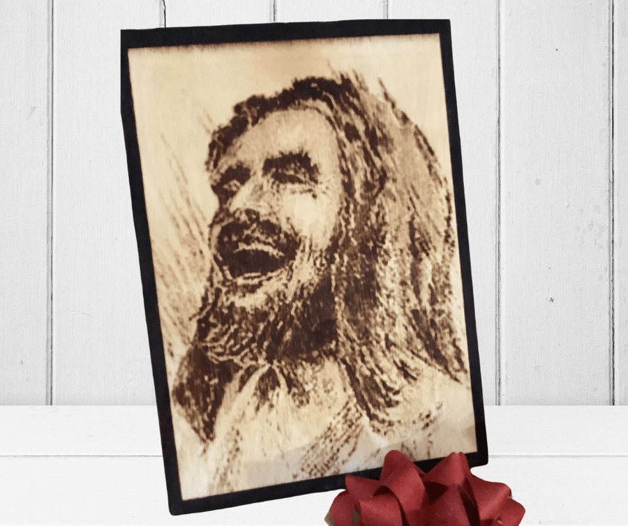 Laughing Jesus Wood Burnt Photo - 9x12 - 