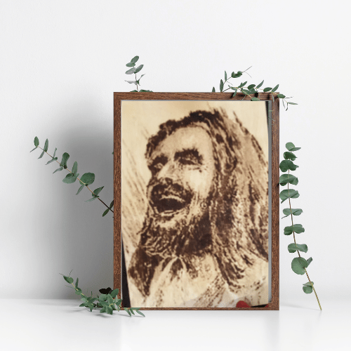 Laughing Jesus Wood Burnt Photo - 9x12 - 